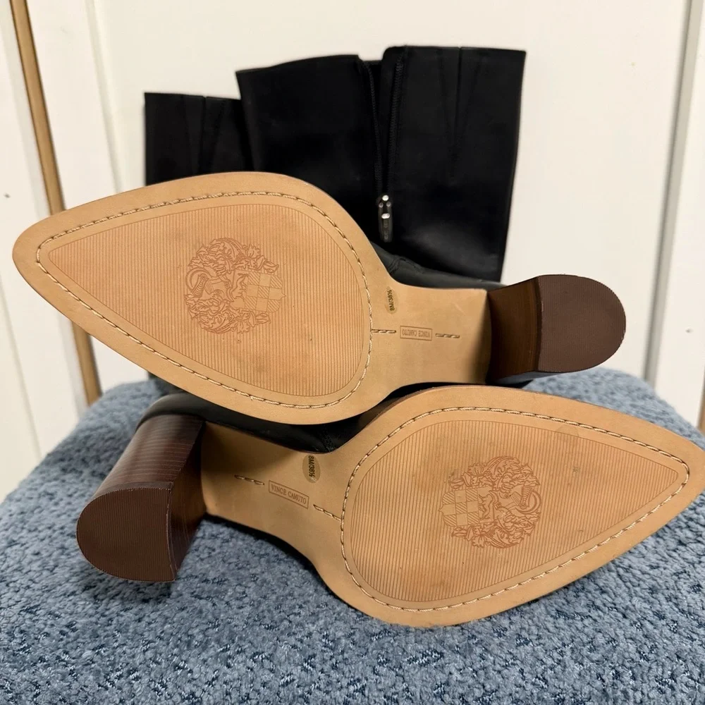 Sleek Black Leather Heeled Boots Vince Camuto Eckina Knee High Boot size 8 - Picture 6 of 7